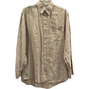 Statements Linen Button Up Shirt Womens M Tan Beige Long Sleeve Top Vintage 90s